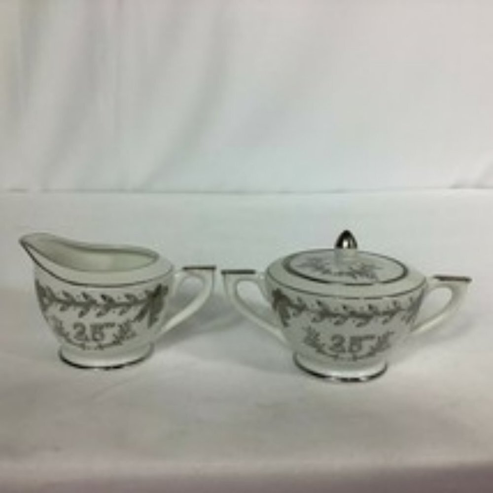 Lefton Vintage White & Silver Trimmed 25th Wedding Anniversary Sugar Creamer Set